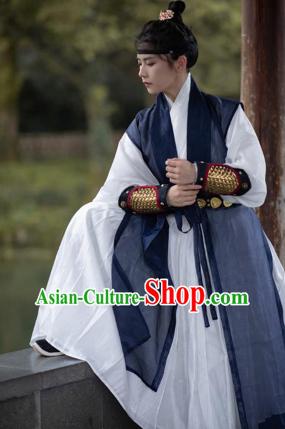 Chinese Ming Dynasty Swordsman Clothing Ancient Young Knight Costumes Hanfu Navy Vest and White Gown Complete Set
