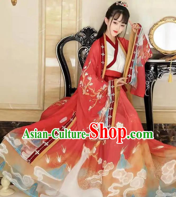 Chinese Ancient Young Swordswoman Clothing Jin Dynasty Princess Garment Costumes Hanfu Red Dresses