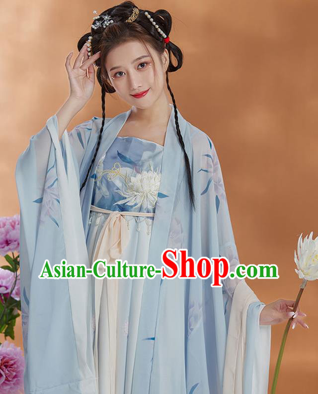 Chinese Hanfu Ruqun Blue Dresses Ancient Young Beauty Clothing Tang Dynasty Princess Garment Costumes