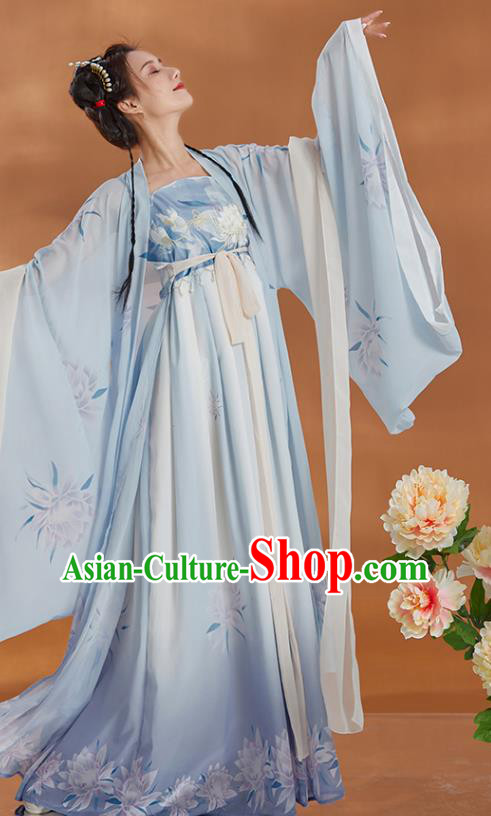 Chinese Hanfu Ruqun Blue Dresses Ancient Young Beauty Clothing Tang Dynasty Princess Garment Costumes
