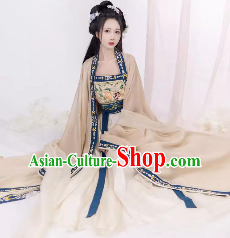 Chinese Hanfu Ru Qun Beige Dresses Ancient Flower Goddess Clothing Tang Dynasty Court Princess Garment Costumes