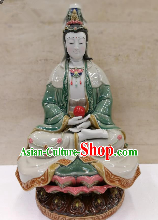 Chinese Shiwan Ceramic Sculpture Figurine Green Dress Guan Yin Statue