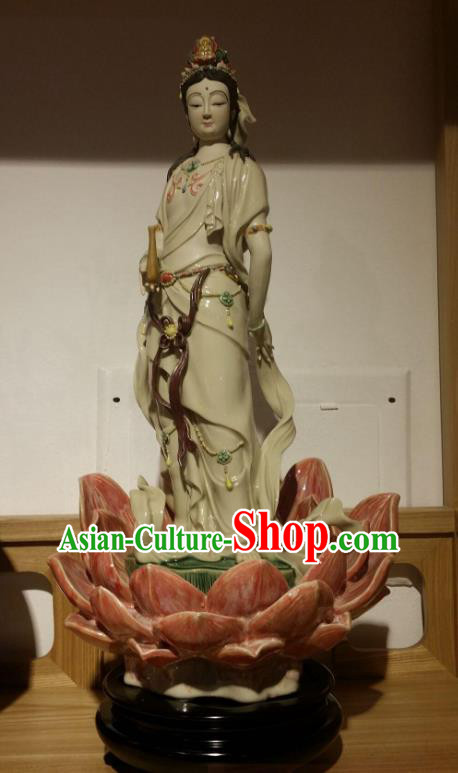 Chinese Kwan Yin Figurine Blue Dress Guan Yin Statue Shiwan Ceramic Avalokitesvara Sculpture