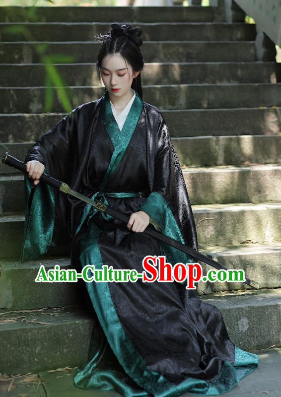 Chinese Warring States Period Female Swordsman Garment Costume Ancient Heroine Black Dress Traditional Han Fu Straight Front Robe