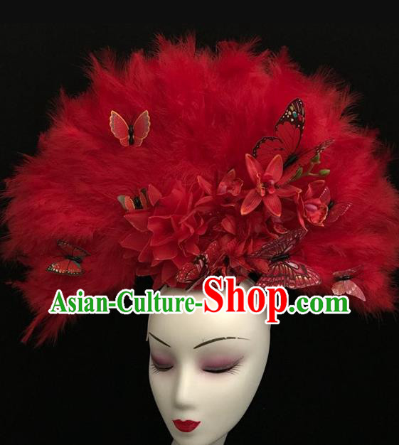 Chinese Cheongsam Catwalk Headwear Stage Performance Crown Handmade Red Feather Headdress