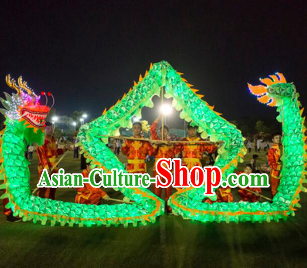 Chinese LED Lights Dragon Dance Costumes Complete Set Green Silk Luminous Dragon Dancing Props for 19-20 People