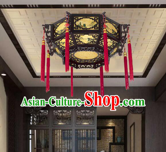 Chinese Wood Large Palace Lantern Hand Painted Landscape Ceiling Lantern