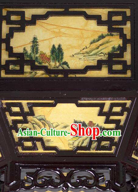 Chinese Wood Large Palace Lantern Hand Painted Landscape Ceiling Lantern