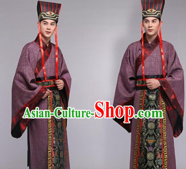 Chinese Han Dynasty Official Costumes Ancient Royal Prince Dark Purple Clothing and Headdress
