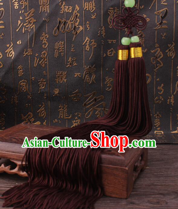 Chinese Handmade Jade Beads Pendant Tai Chi Sword Brown Tassels