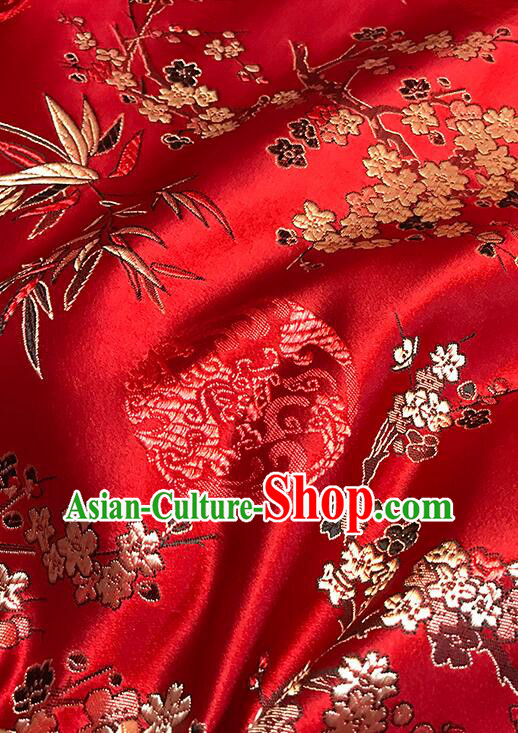 Chinese Traditional Fabric Classical Plum Bamboo Patterns Design Red Brocade