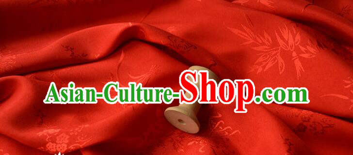 Chinese Classical Plum Bamboo Patterns Design Red Satin Silk Traditional Jacquard Fabric