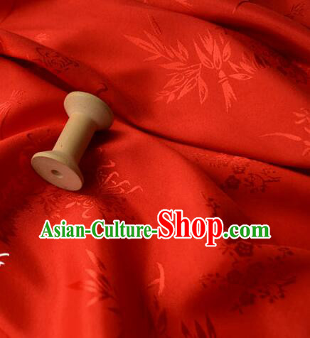 Chinese Classical Plum Bamboo Patterns Design Red Satin Silk Traditional Jacquard Fabric
