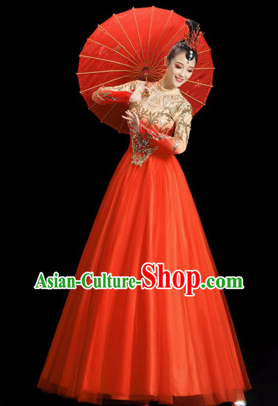 Professional Chorus Performance Costume Opening Dance Orange Dress Women Group Dance Clothing