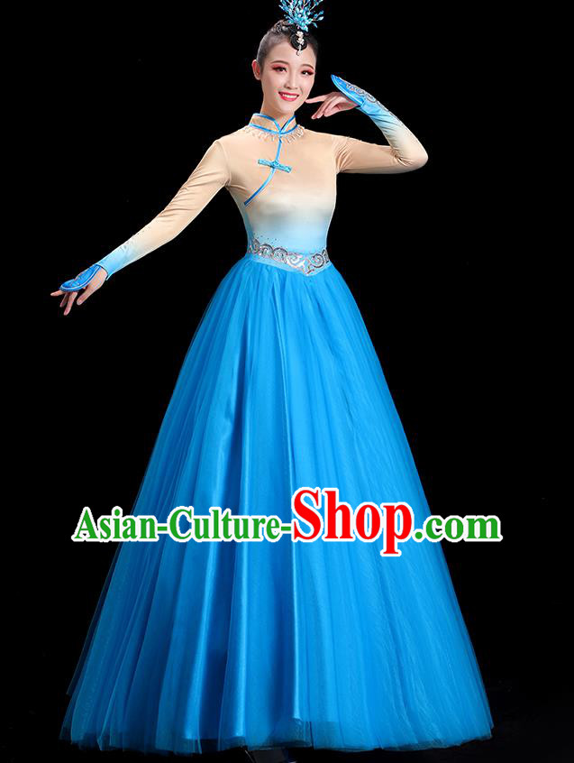 China Opening Dance Clothing Women Group Stage Show Blue Dress Yangko Dance Costume Mongolian Ethnic Dance Fashion