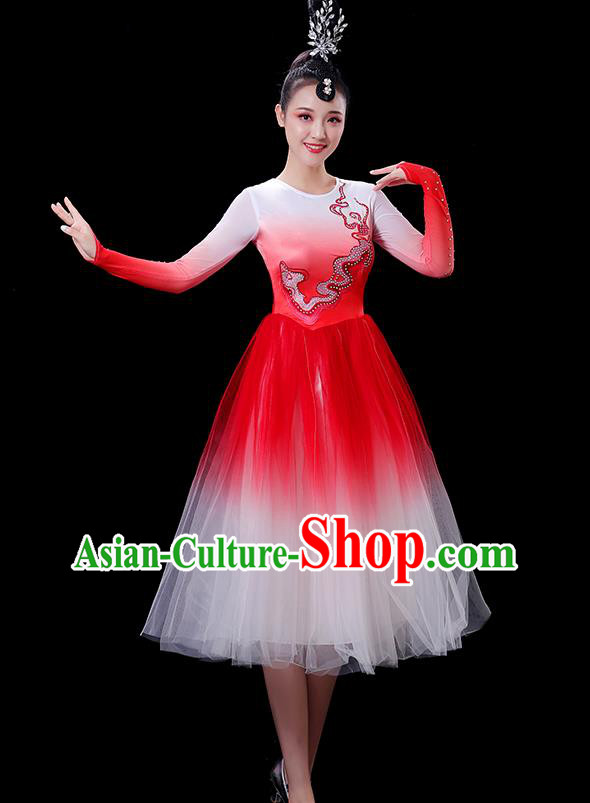 China Opening Dance Fashion Stage Show Red Dress Modern Dance Costume Women Group Chorus Clothing