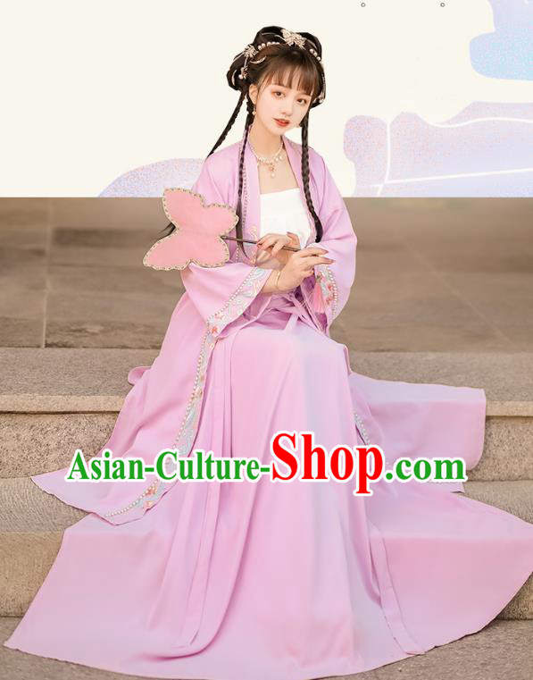 China Song Dynasty Young Woman Lilac Dresses Traditional Stage Show Hanfu Fashion Ancient Royal Princess Costumes