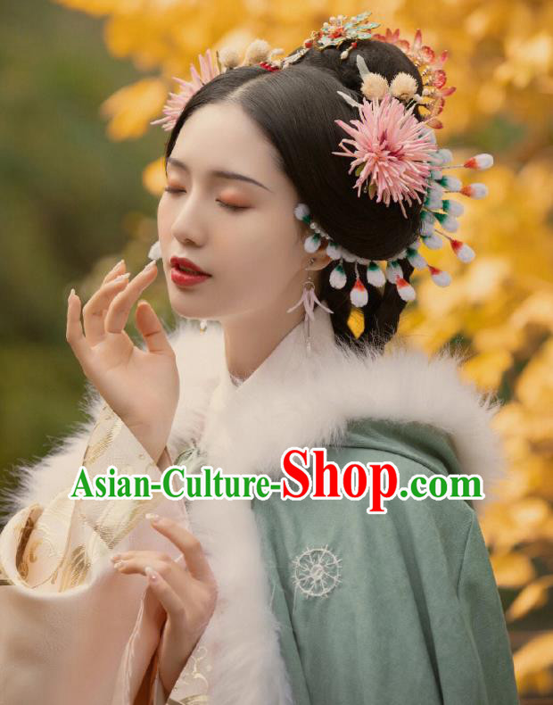 China Ancient Princess Costume Ming Dynasty Court Woman Clothing Traditional Hanfu Green Winter Cloak