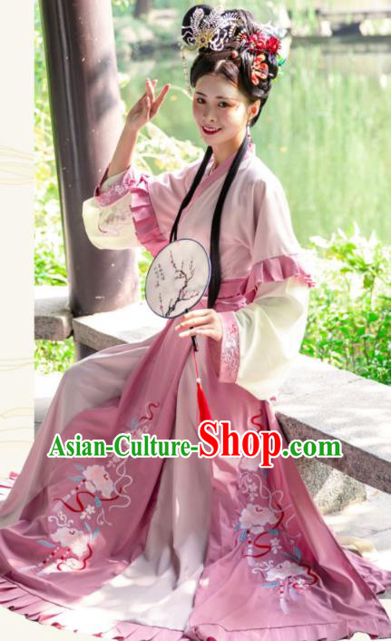 China Traditional Hanfu Garments Ancient Fairy Costumes Jin Dynasty Princess Pink Dresses