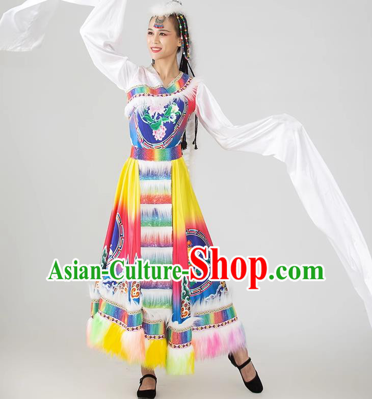 China Tibetan Ethnic Dancing Dress Women Group Show Costume Zang Nationality Water Sleeve Clothing