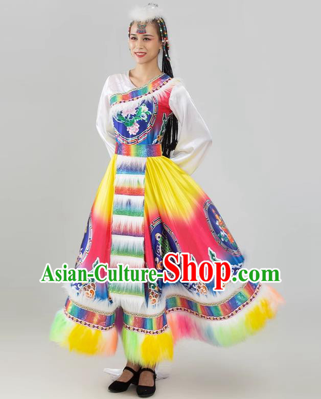 China Tibetan Ethnic Dancing Dress Women Group Show Costume Zang Nationality Water Sleeve Clothing