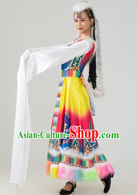 China Tibetan Ethnic Dancing Dress Women Group Show Costume Zang Nationality Water Sleeve Clothing