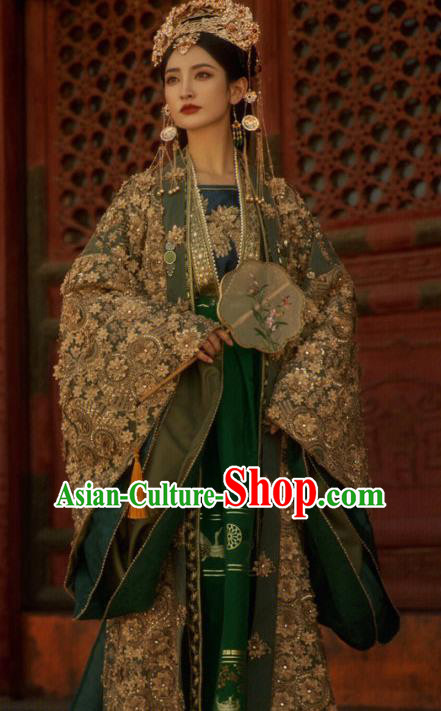 China Ancient Empress Green Dresses Ming Dynasty Queen Costumes Photography Garments