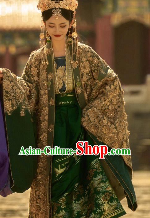 China Ancient Empress Green Dresses Ming Dynasty Queen Costumes Photography Garments