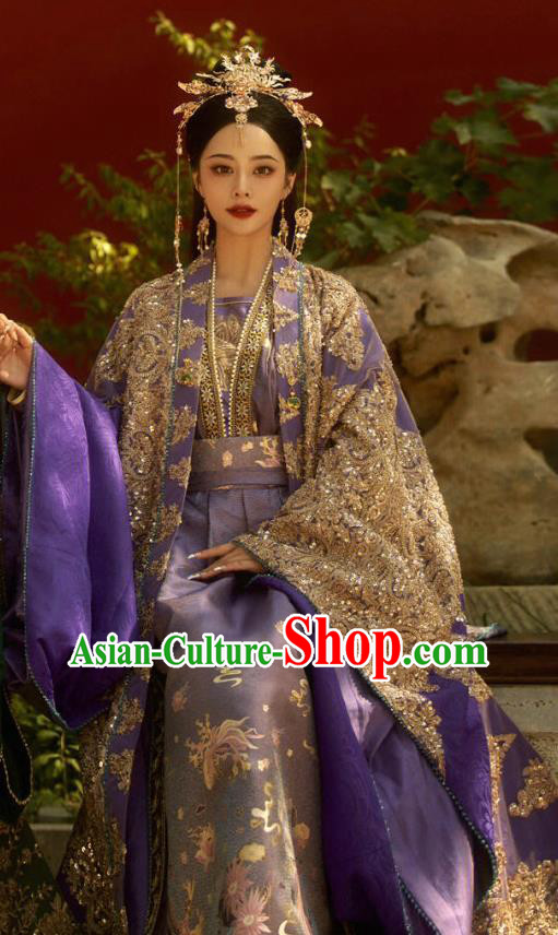 China TV Series Queen Embroidered Costumes Ming Dynasty Empress Purple Dresses Ancient Court Woman Clothing
