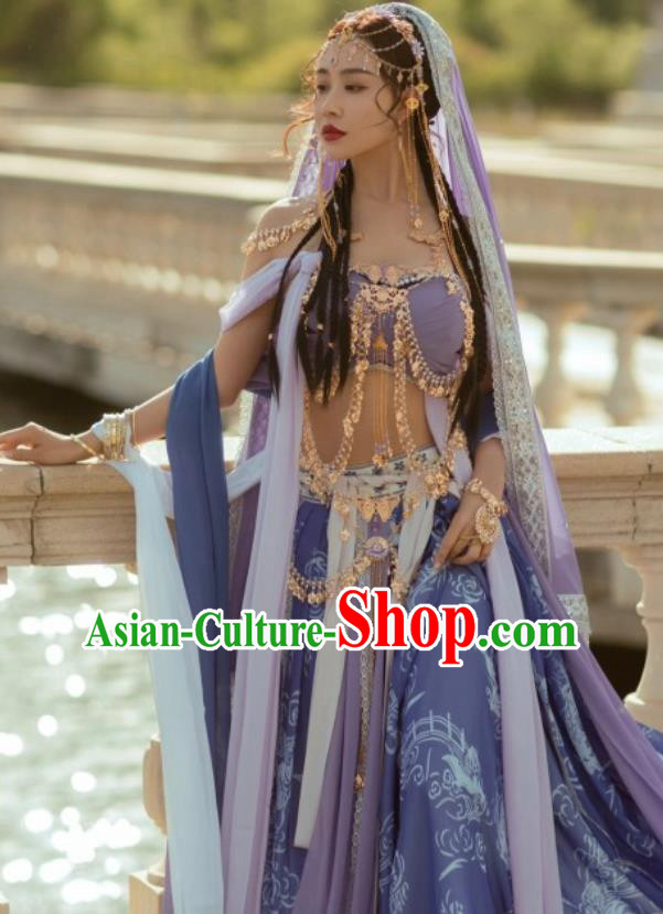 China Ancient Fairy Clothing TV Series Ethnic Princess Costumes Dunhuang Flying Apsaras Lilac Dresses