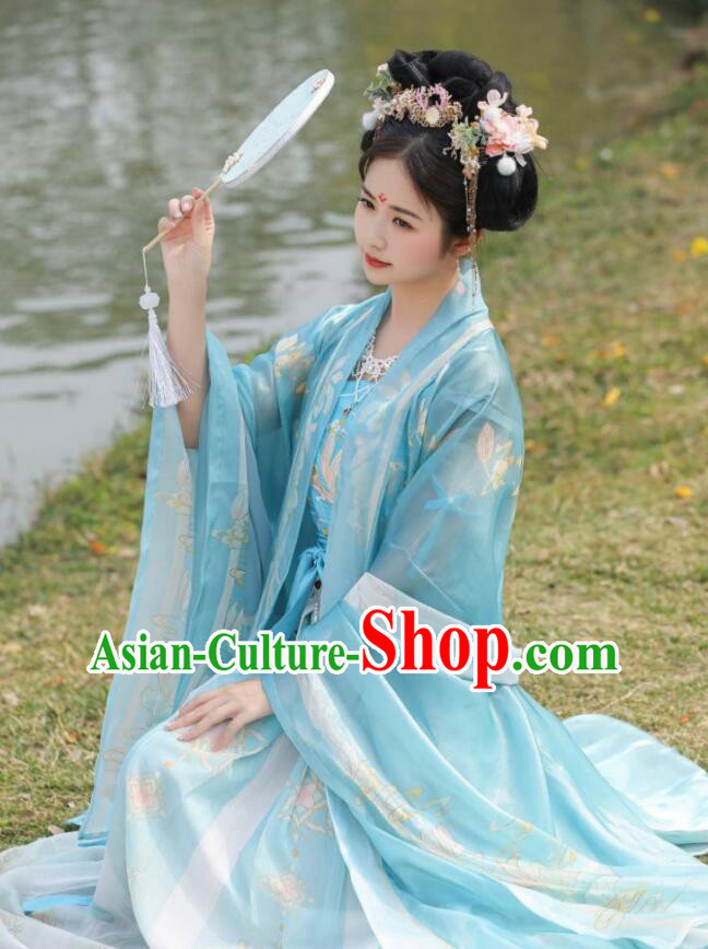 China Ancient Princess Clothing Blue Hanfu Dresses Tang Dynasty Court Lady Costumes