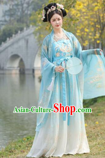China Ancient Princess Clothing Blue Hanfu Dresses Tang Dynasty Court Lady Costumes