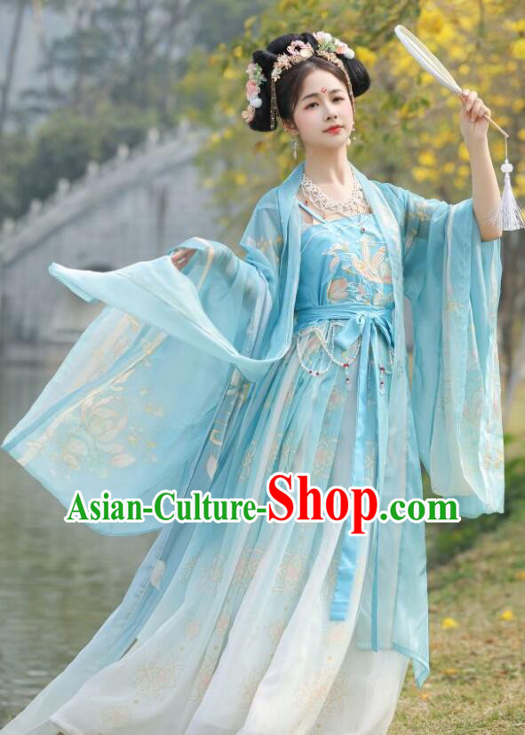China Ancient Princess Clothing Blue Hanfu Dresses Tang Dynasty Court Lady Costumes