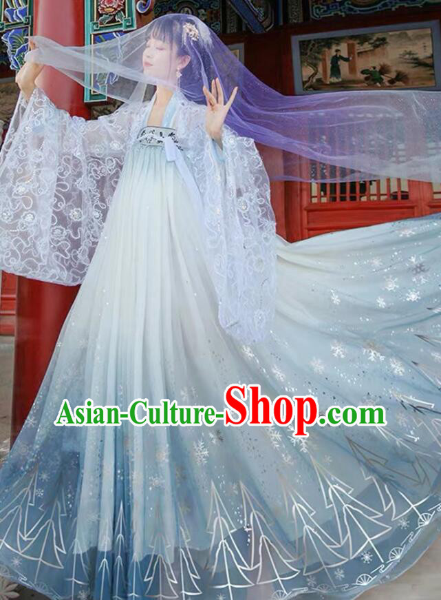 China Tang Dynasty Court Lady Costumes Ancient Princess Clothing Embroidered Blue Hanfu Dresses