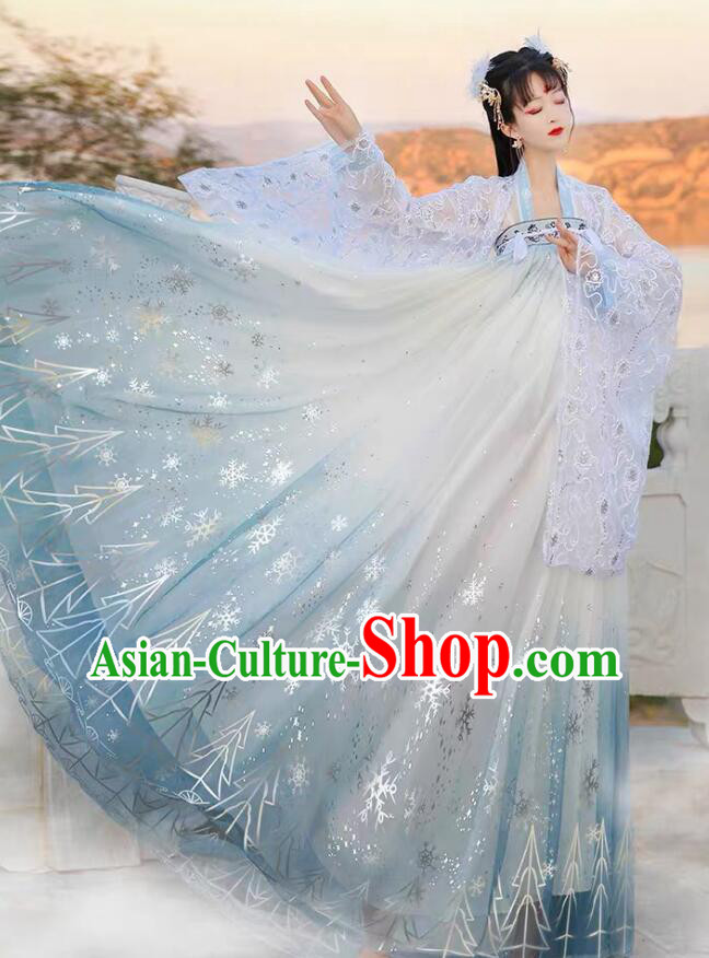 China Tang Dynasty Court Lady Costumes Ancient Princess Clothing Embroidered Blue Hanfu Dresses