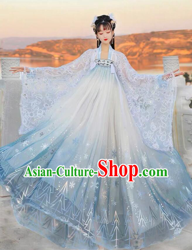 China Tang Dynasty Court Lady Costumes Ancient Princess Clothing Embroidered Blue Hanfu Dresses