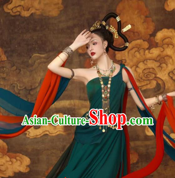 China Dunhuang Murals Flying Apsaras Costumes Classical Dance Clothing Ancient Fairy Green Dress