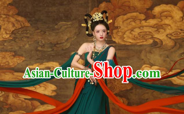 China Dunhuang Murals Flying Apsaras Costumes Classical Dance Clothing Ancient Fairy Green Dress