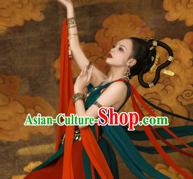 China Dunhuang Murals Flying Apsaras Costumes Classical Dance Clothing Ancient Fairy Green Dress