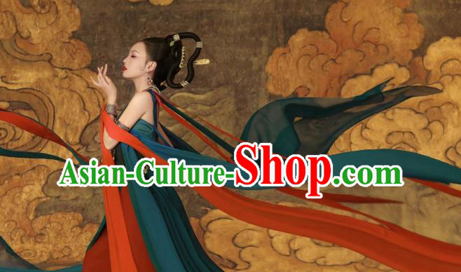 China Dunhuang Murals Flying Apsaras Costumes Classical Dance Clothing Ancient Fairy Green Dress