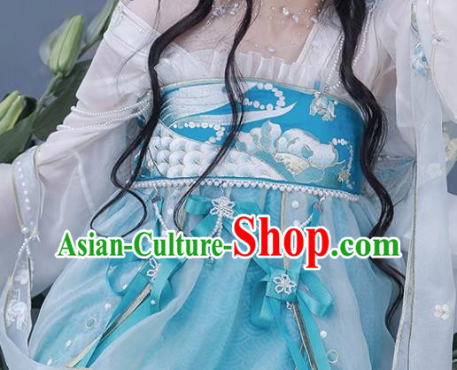 China Blue Hanfu Dresses Tang Dynasty Court Princess Costumes Ancient Fairy Embroidered Clothing