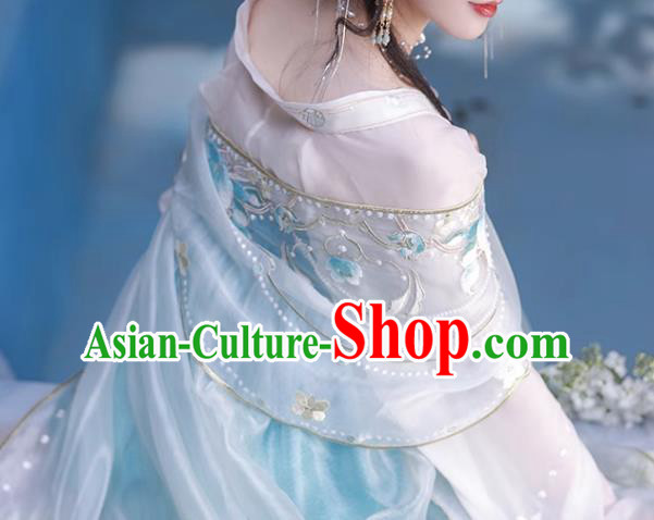 China Blue Hanfu Dresses Tang Dynasty Court Princess Costumes Ancient Fairy Embroidered Clothing