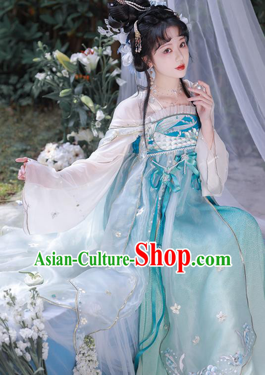 China Blue Hanfu Dresses Tang Dynasty Court Princess Costumes Ancient Fairy Embroidered Clothing