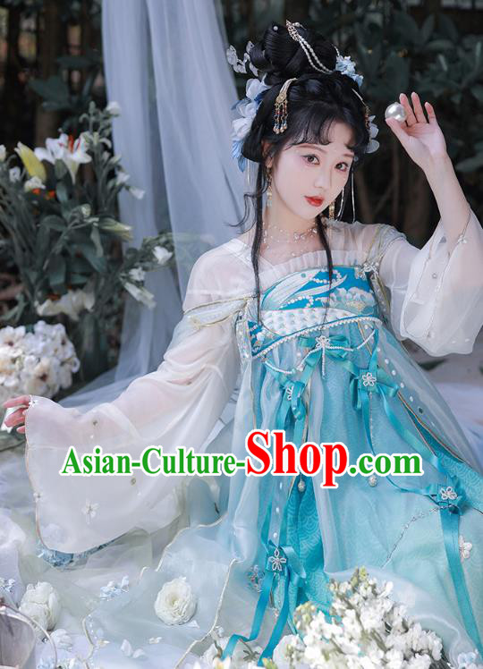 China Blue Hanfu Dresses Tang Dynasty Court Princess Costumes Ancient Fairy Embroidered Clothing