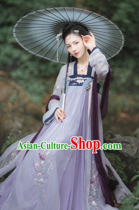 China Tang Dynasty Princess Lilac Dresses Ancient Fairy Garment Costumes Hanfu Clothing
