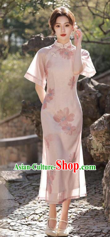 China Pink Qipao Traditional Cheongsam Elegant Mandarin Dress