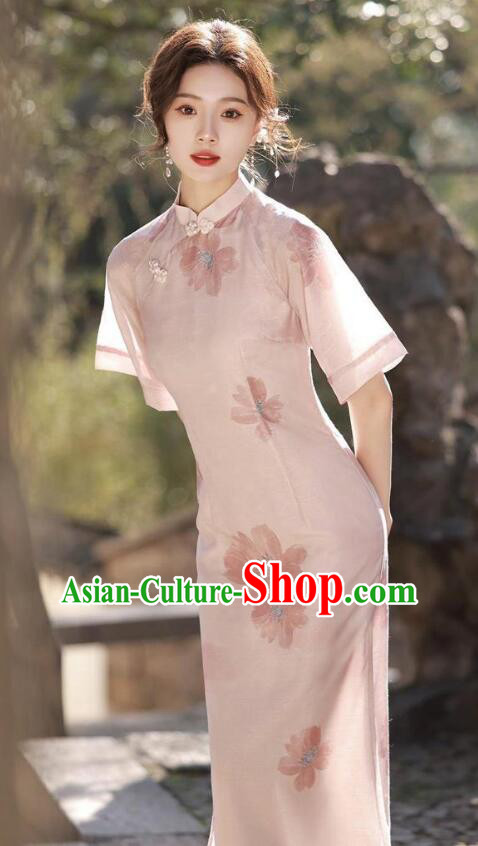 China Pink Qipao Traditional Cheongsam Elegant Mandarin Dress
