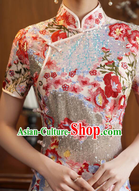 China Classical Cheongsam Clothing Elegant Embroidered Dress Shining Qipao Costume