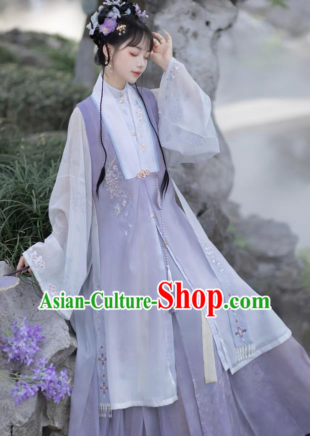 China Ming Dynasty Princess Lilac Dresses Ancient Young Woman Garment Costumes Hanfu Embroidered Clothing