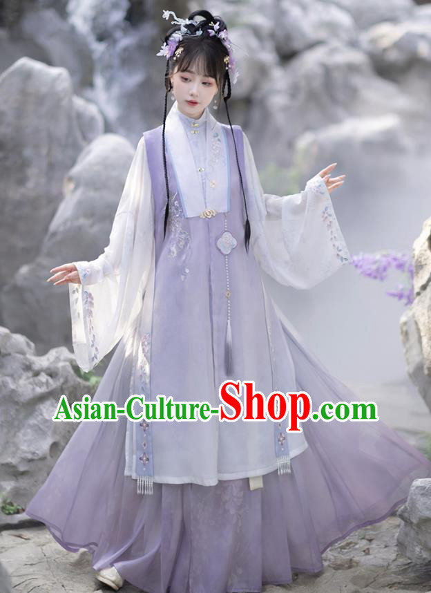 China Ming Dynasty Princess Lilac Dresses Ancient Young Woman Garment Costumes Hanfu Embroidered Clothing